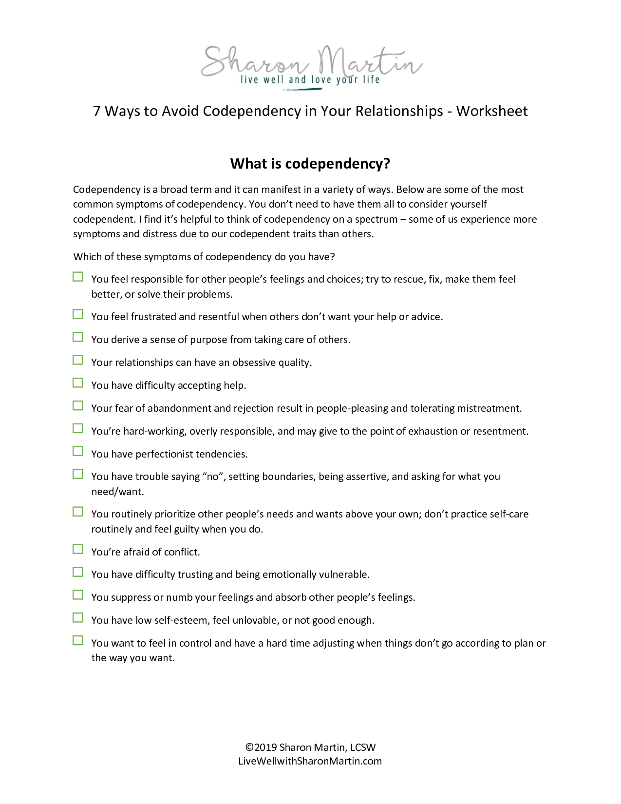 Free Codependency Worksheets Live Well With Sharon Martin 