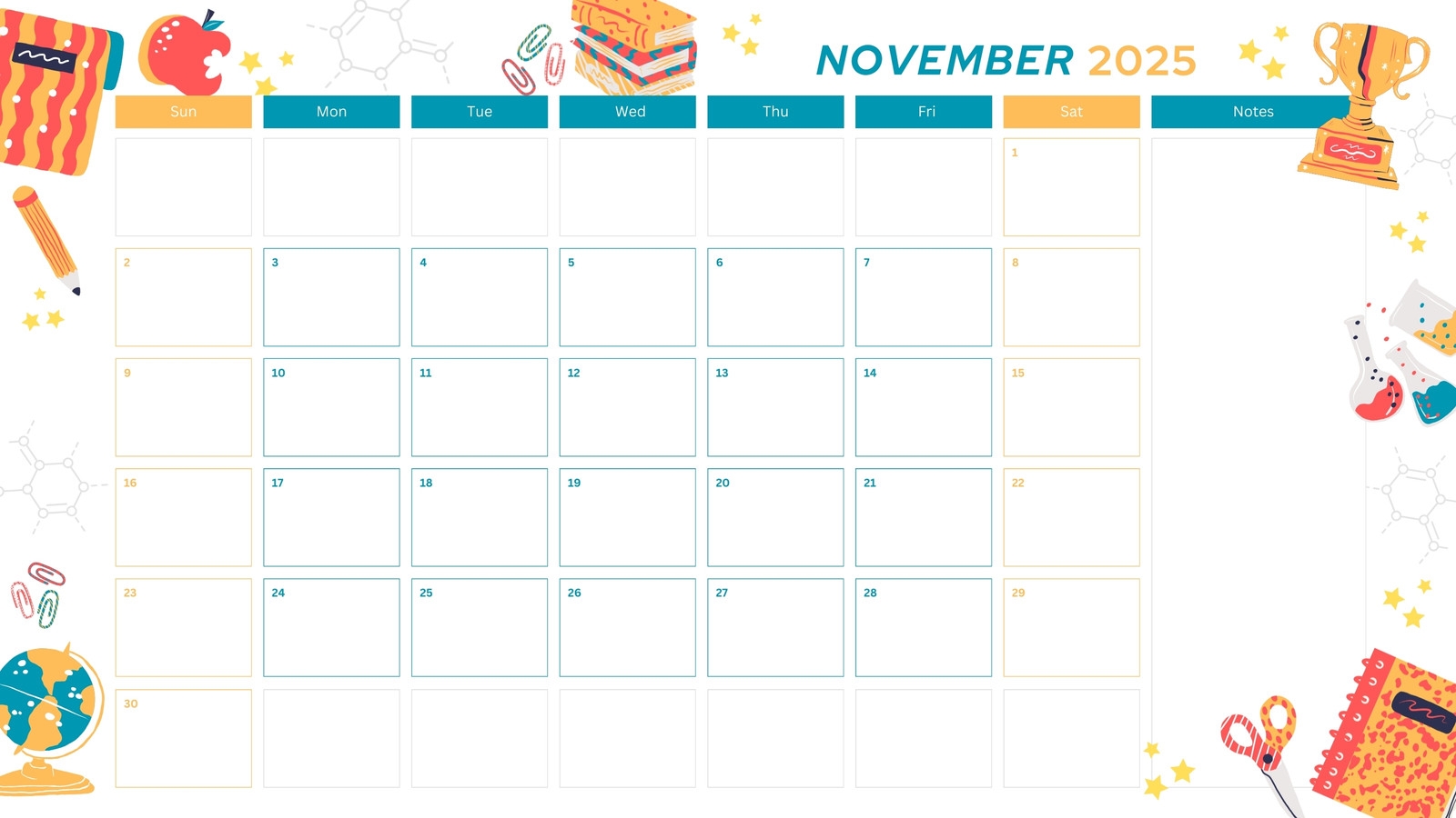 November Classroom Calendar Printable