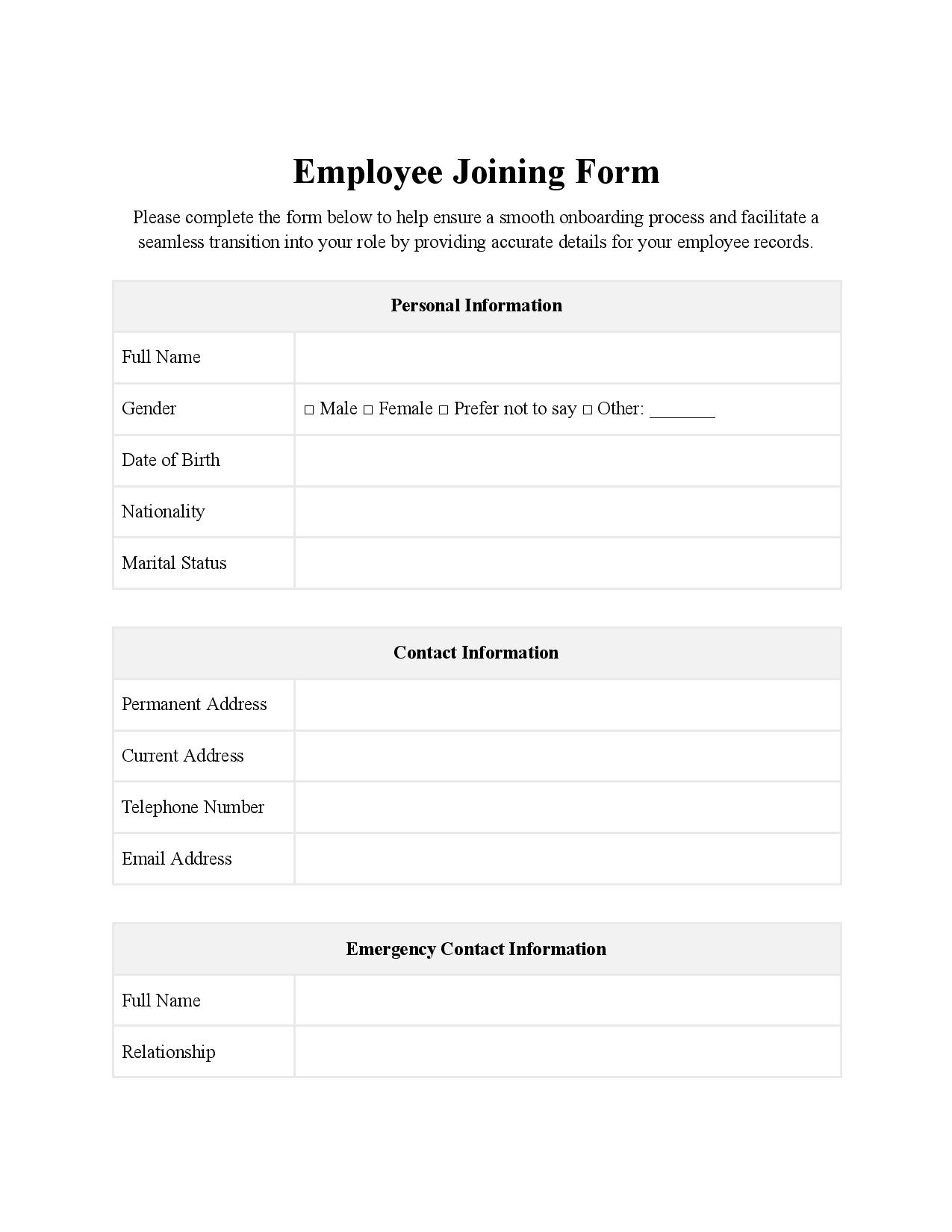 Free Employee Joining Form Template PDF amp Word
