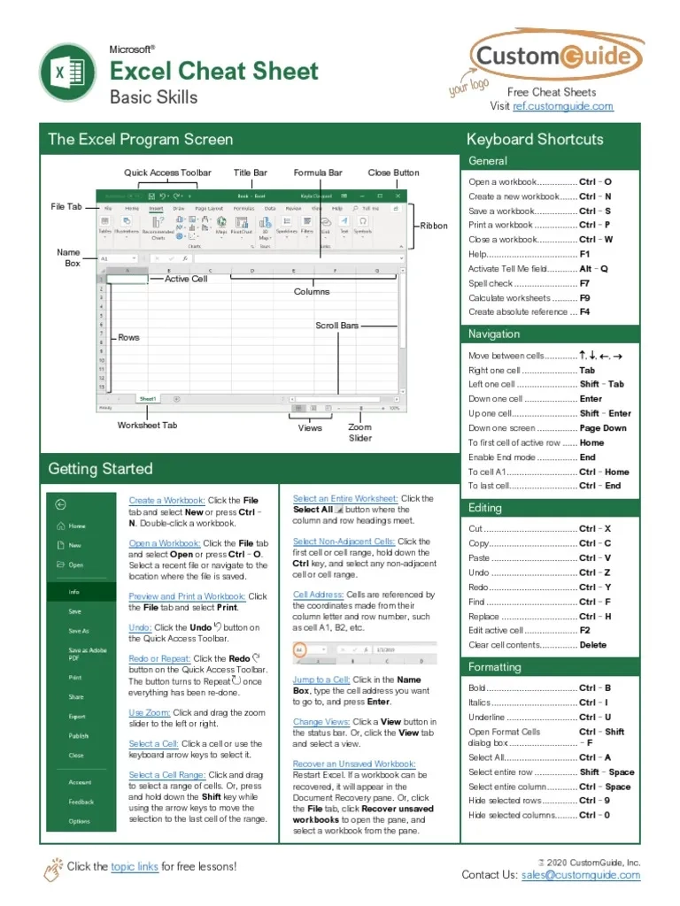 Free Excel Cheat Sheet PDF Microsoft Excel System Software