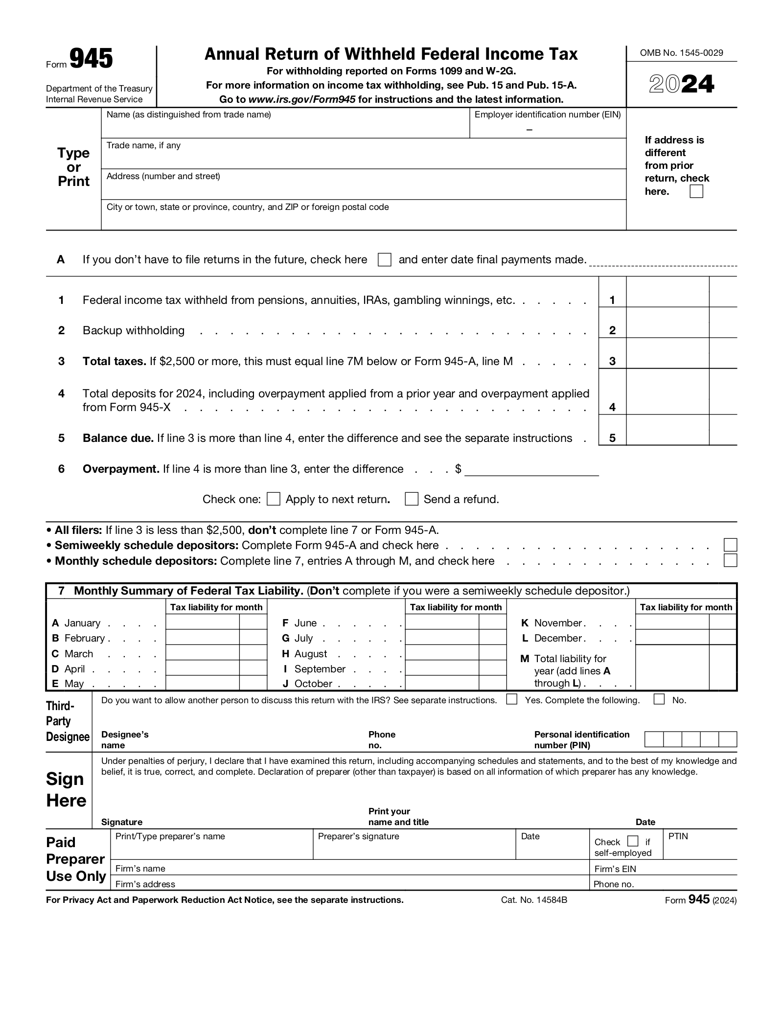 Free Form 945 Federal Income Tax Withheld From Non Payroll PDF 