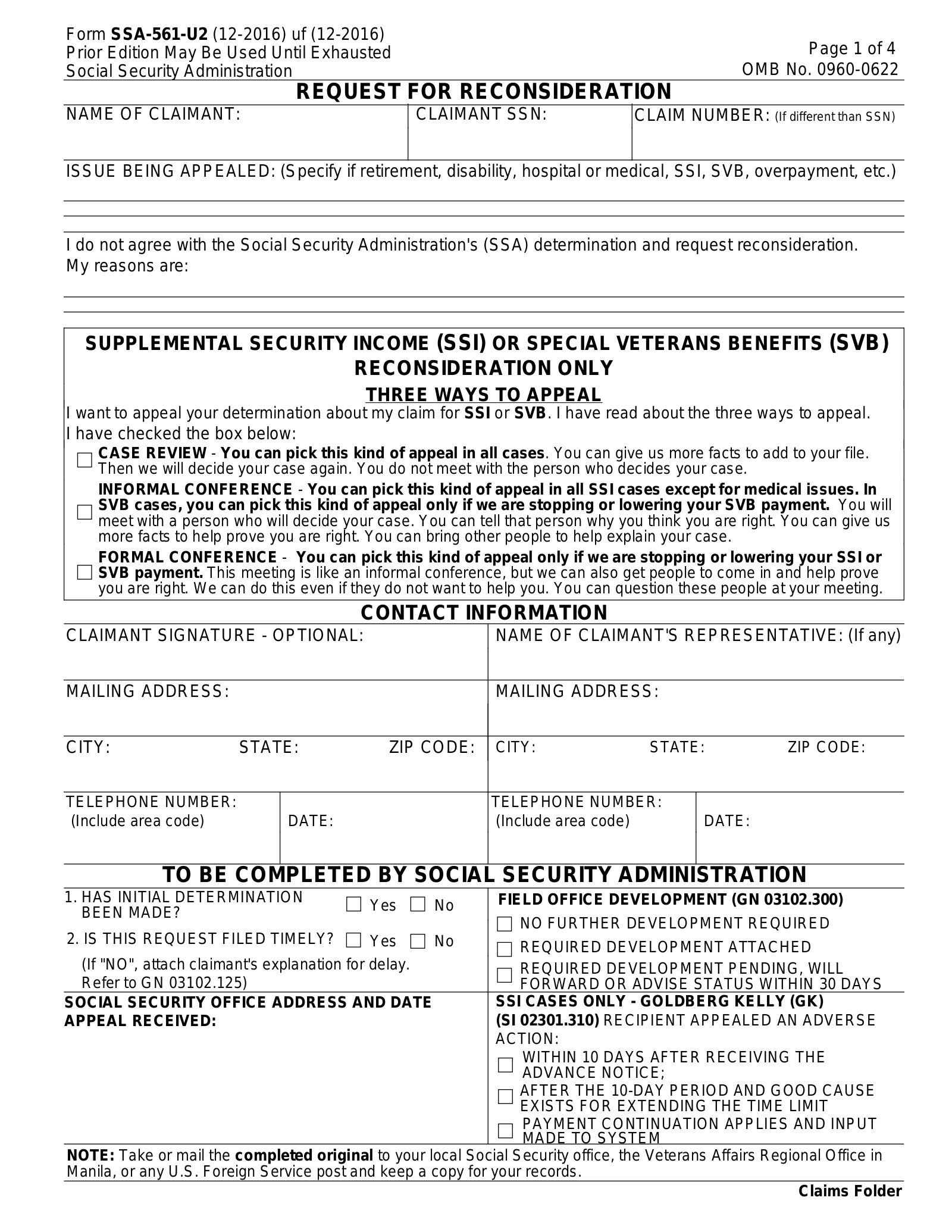 Free Form SSA 561 U2 Social Security Request For Reconsideration 
