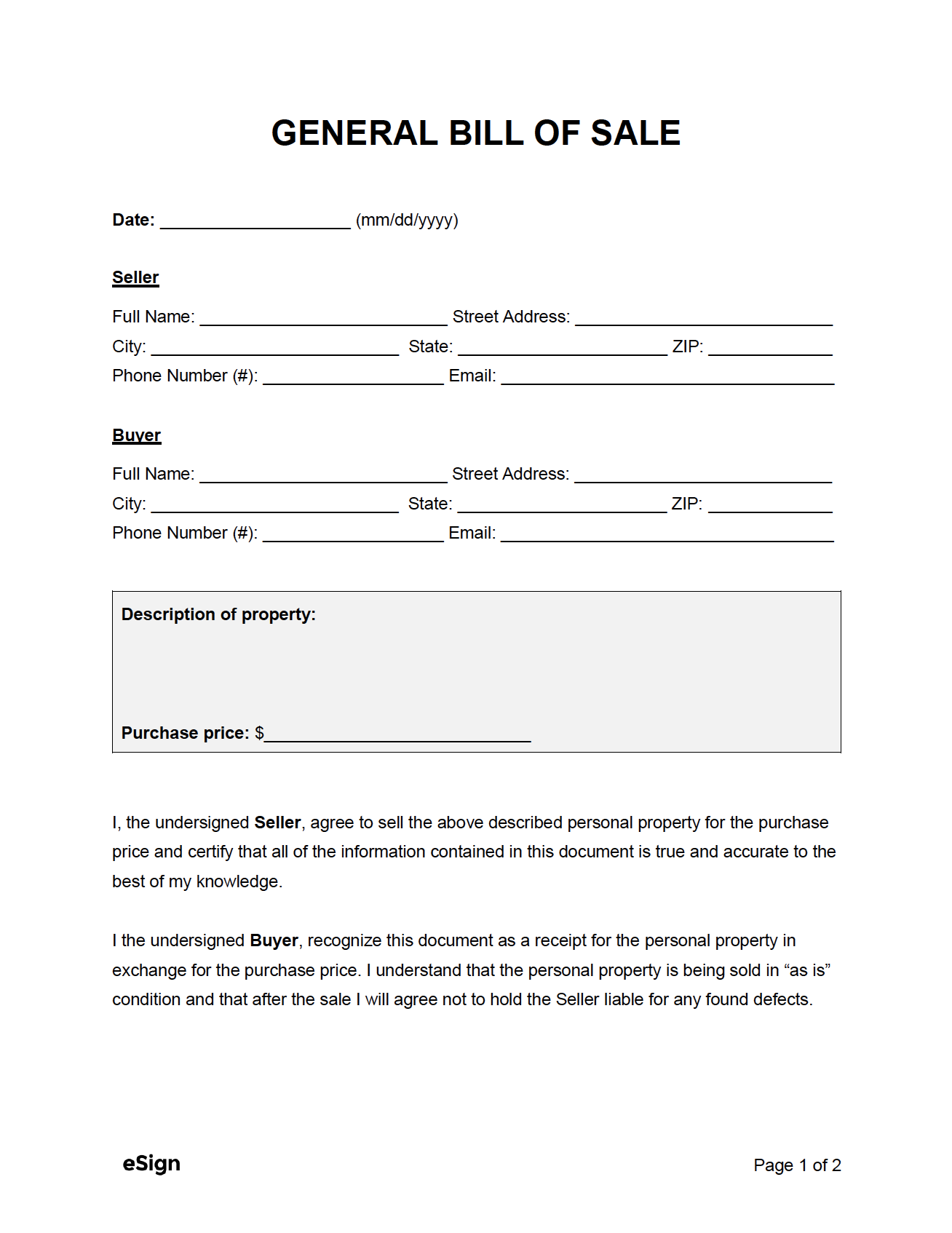 Bill Of Sale Form Printable Free