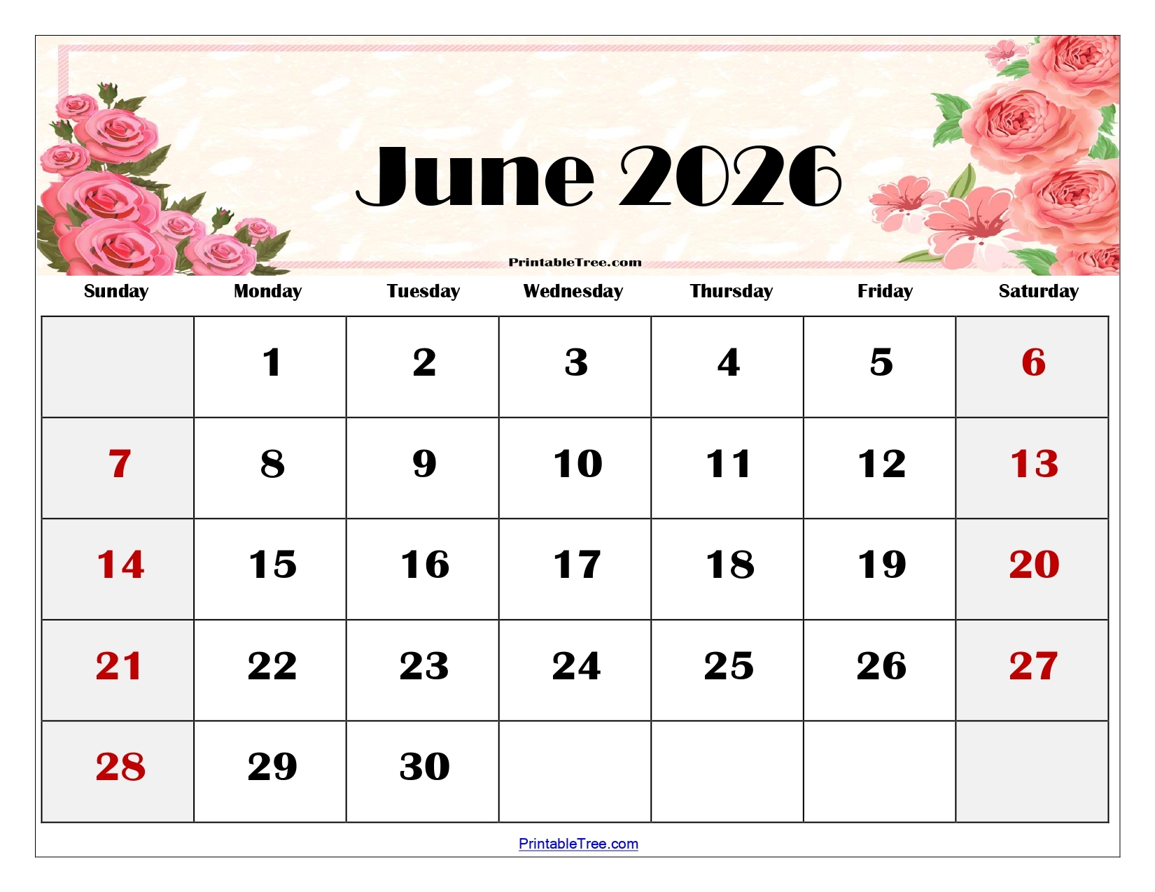 Blank June 2026 Calendar Printable
