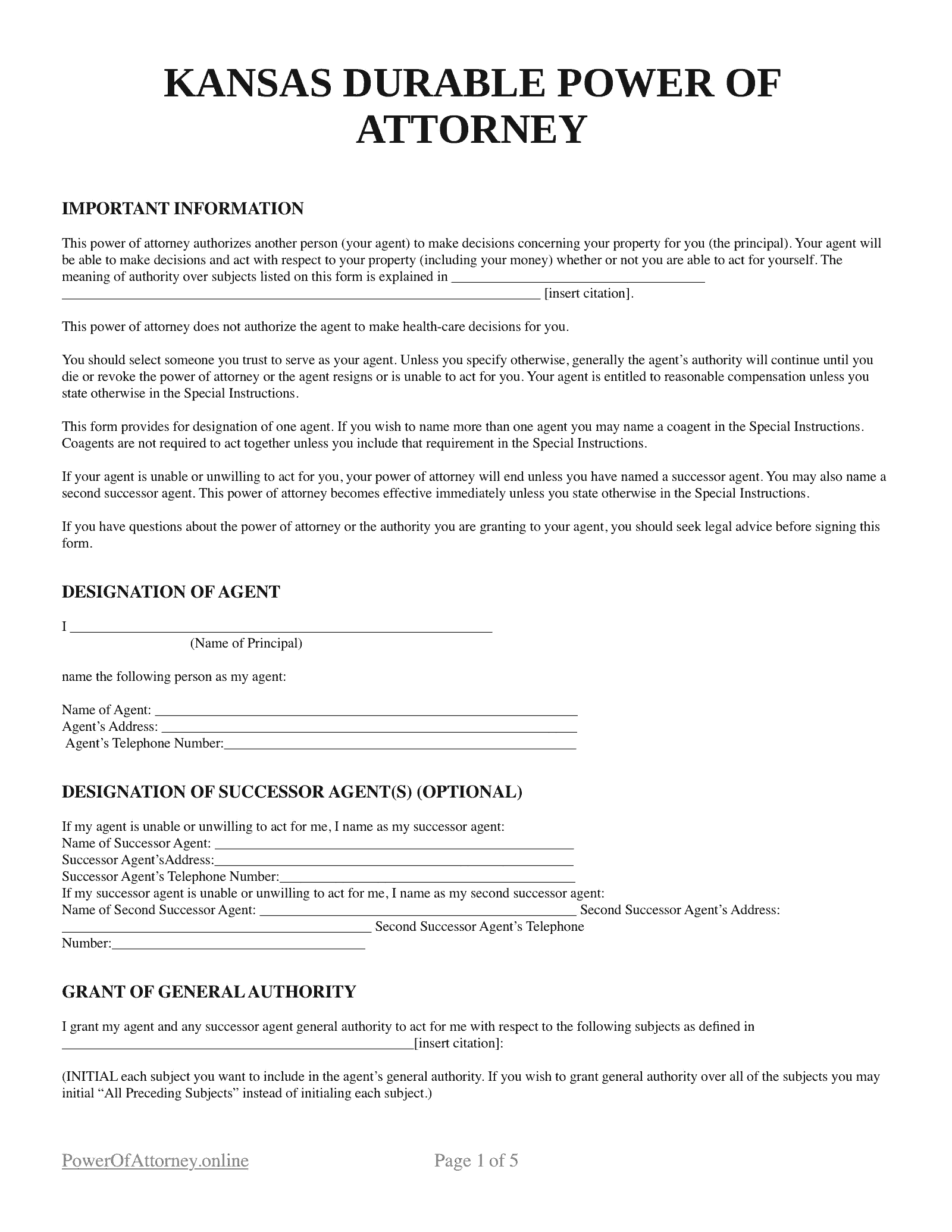 Free Kansas KS Durable Power Of Attorney Forms amp Templates PDF