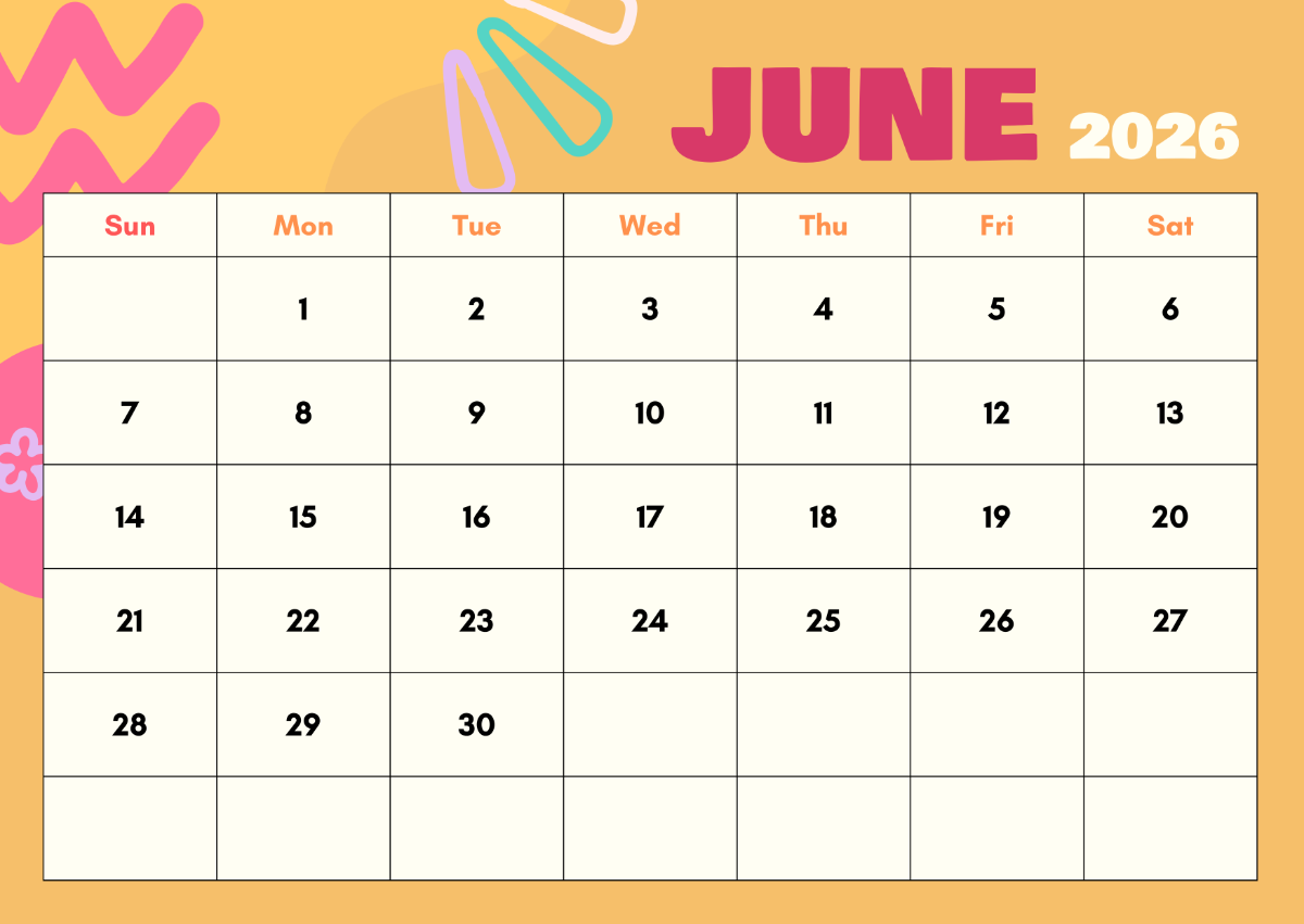 Blank Calendar June 2026 Editable