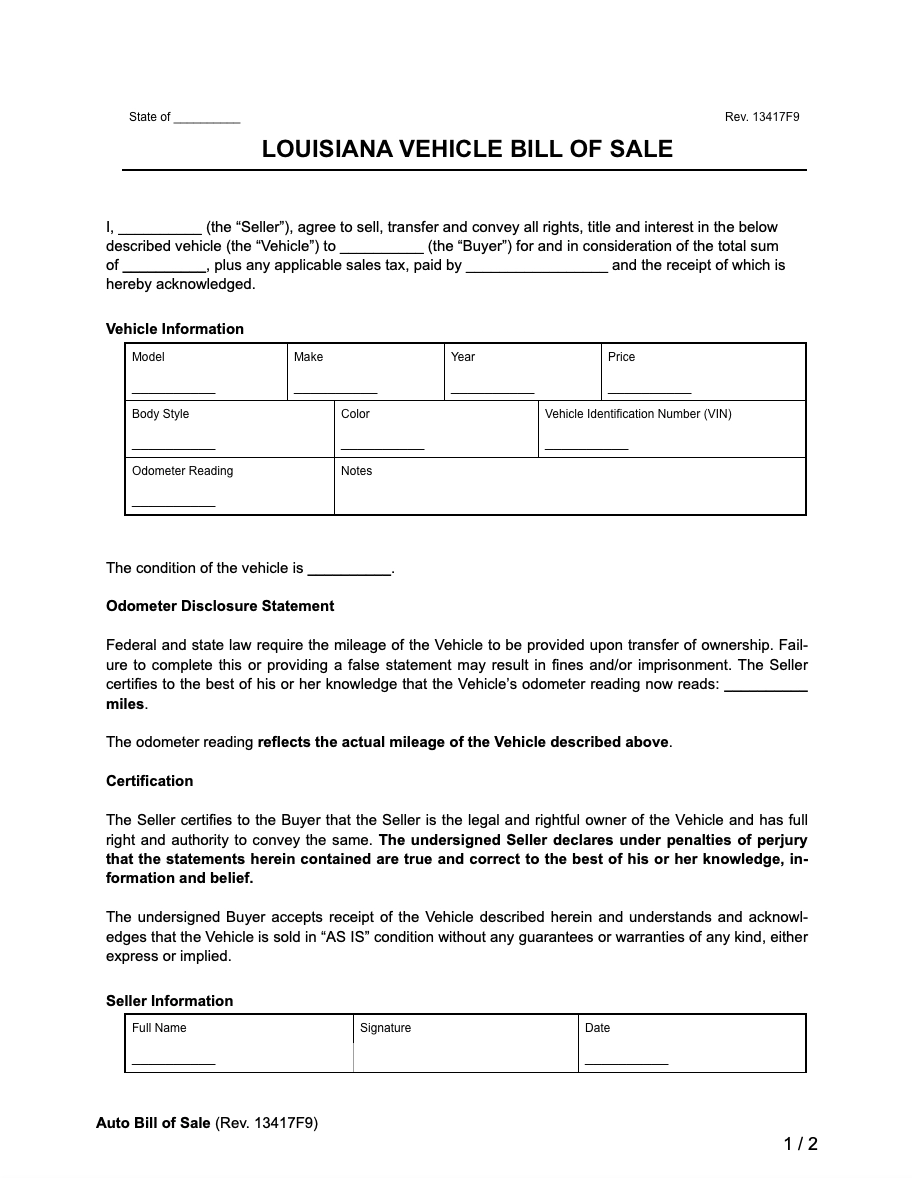 Bill Of Sale Form Free Printable Louisiana