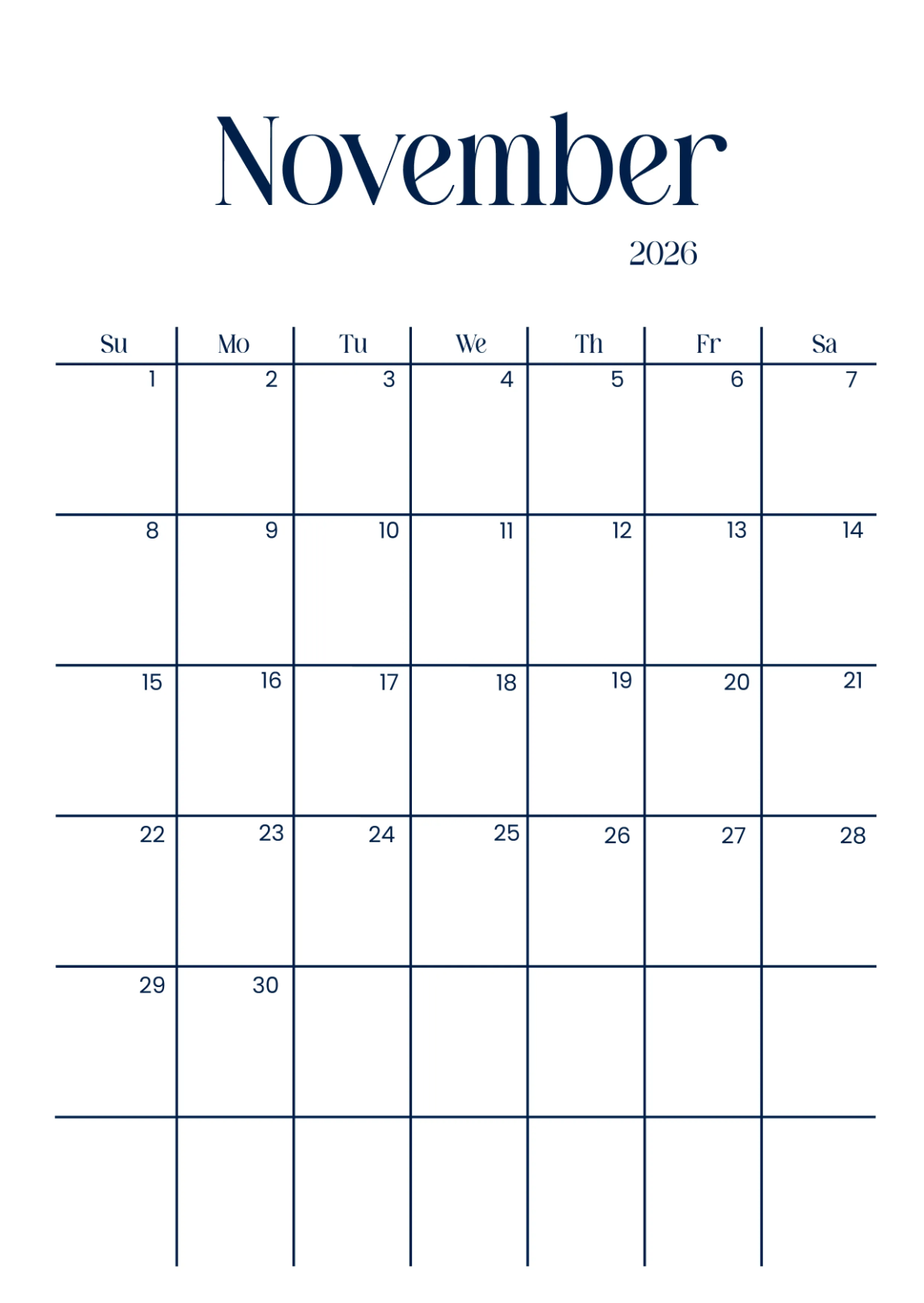Free Modern November 2026 Calendar Template To Edit Online