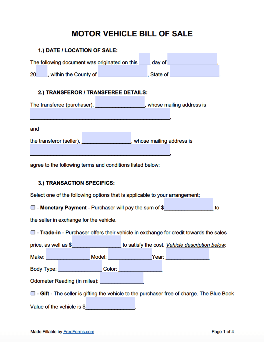 Bill Of Sale Form Free Printable For Vehicle