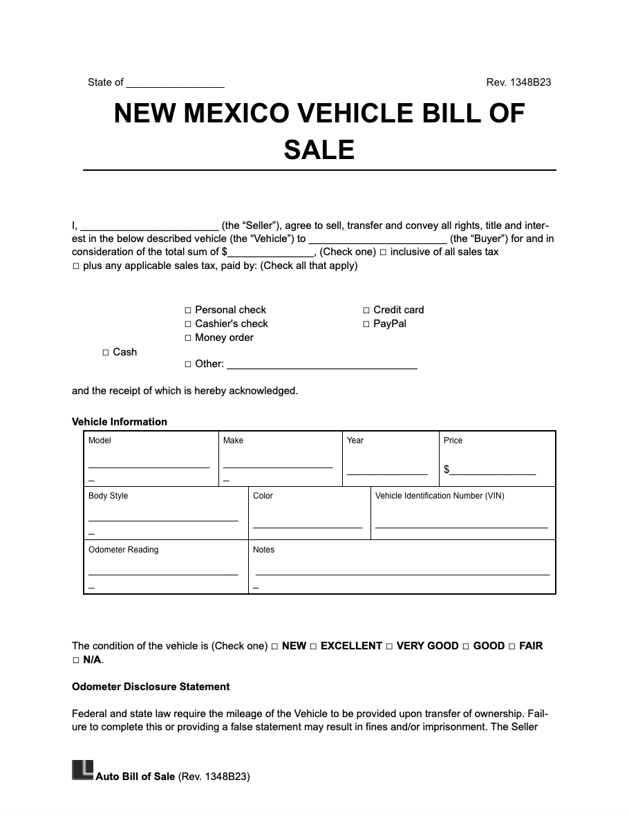 Bill Of Sale Form Printable Nm