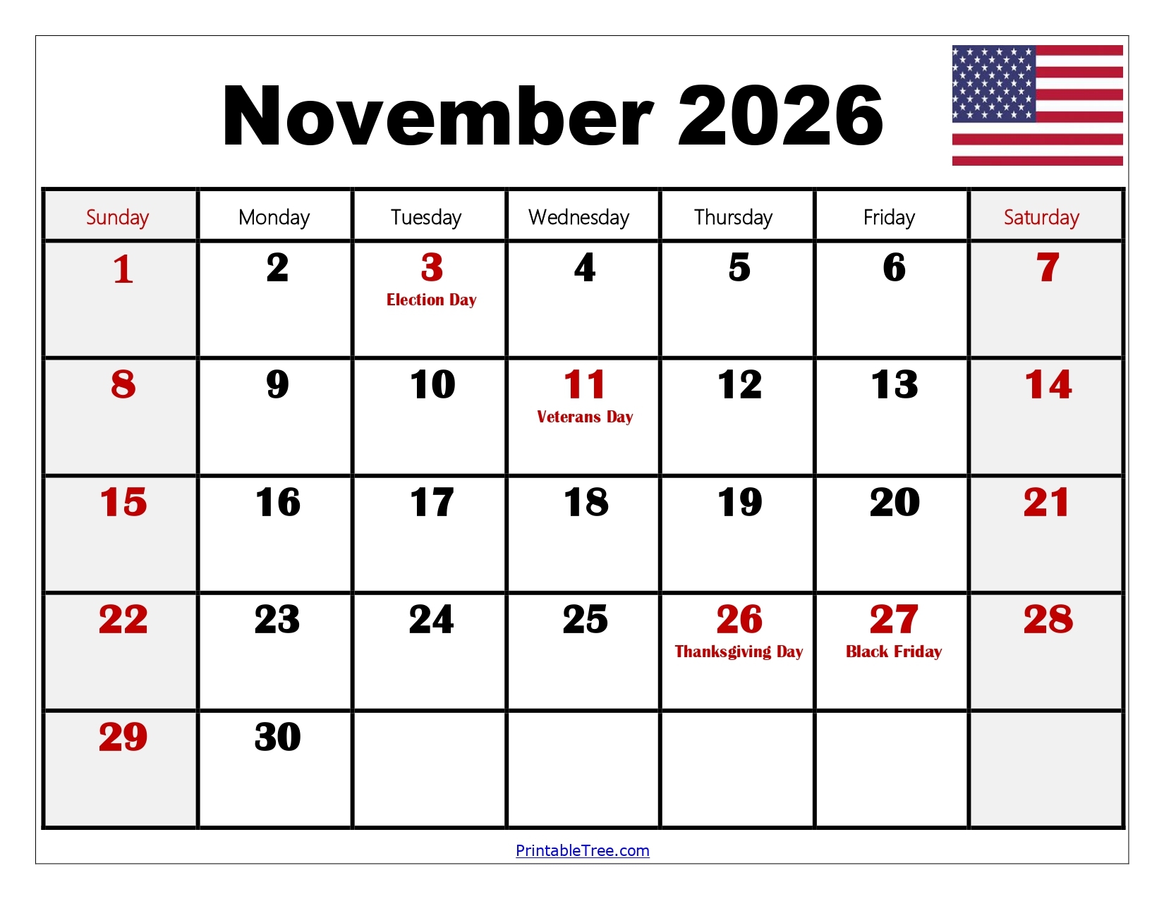 November 2026 Calendar Printable Free Pdf
