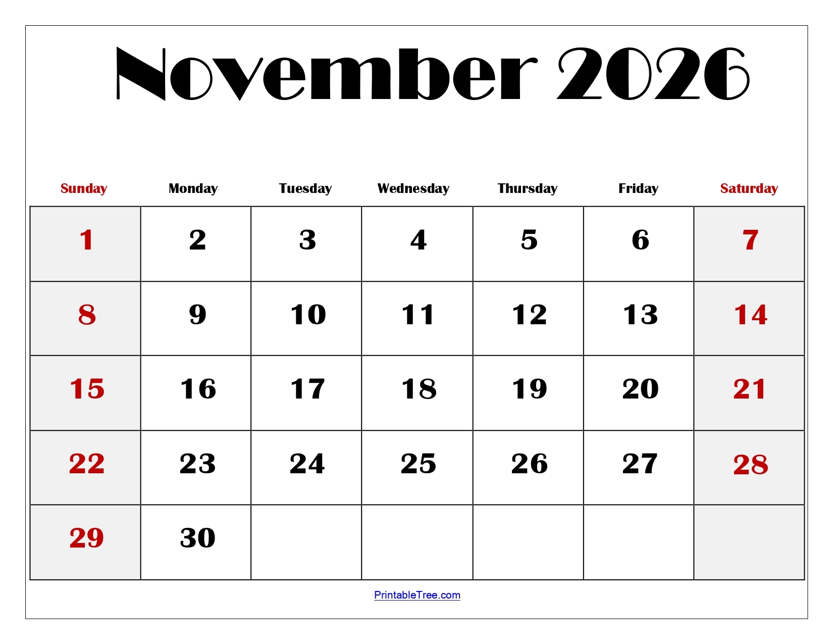 Blank Printable Noveember 2026 Calendar
