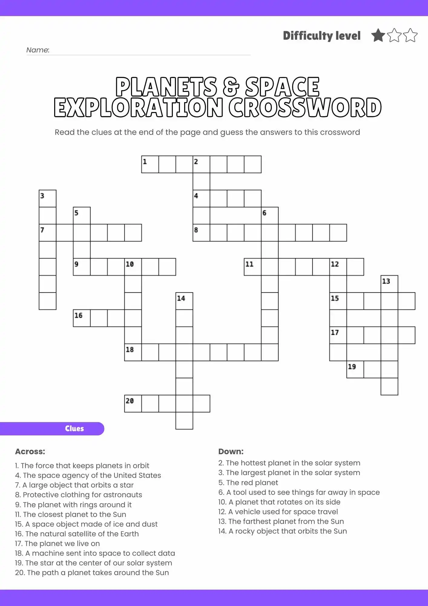 Free Planets amp Space Exploration Crossword Puzzle Printable 