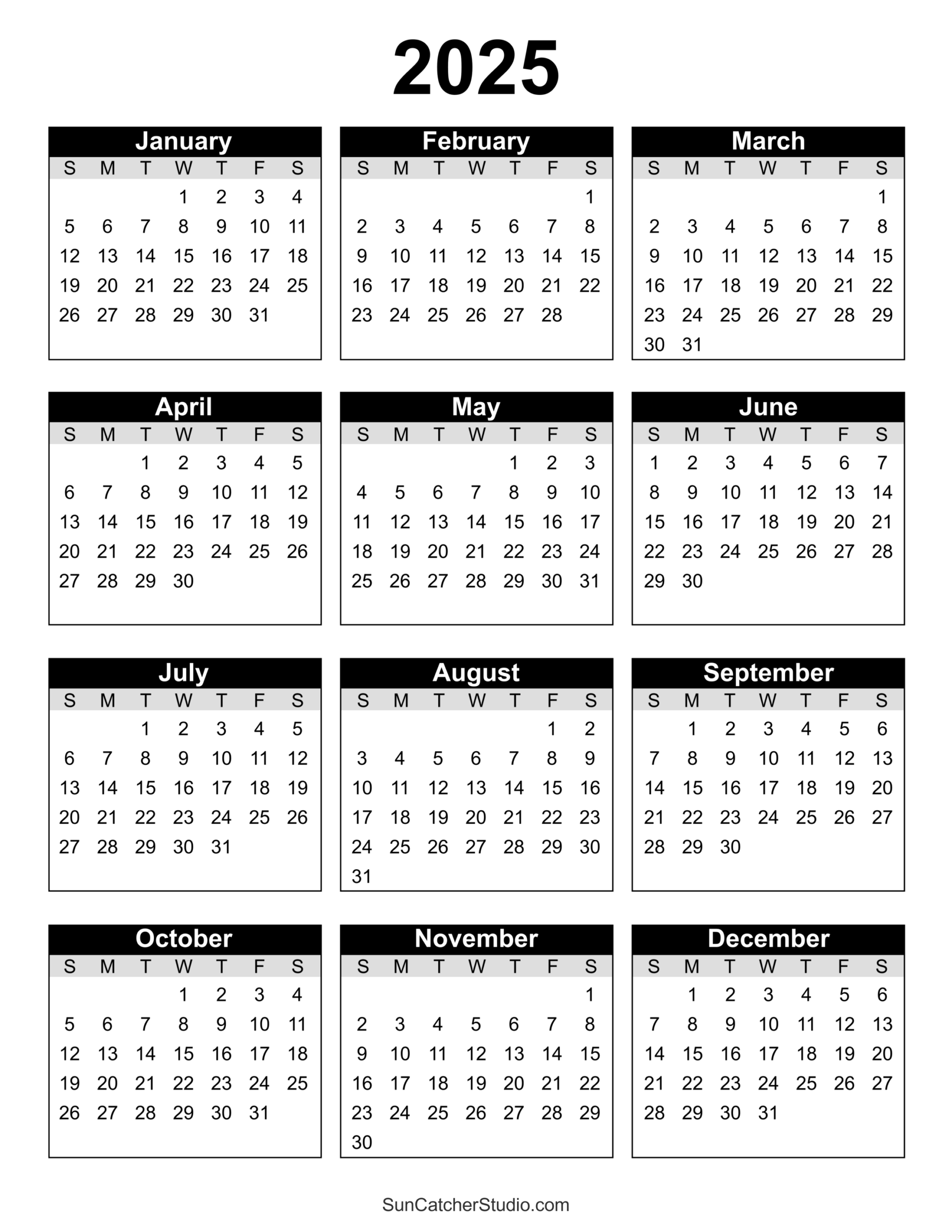 Free 12 Month Printable Calendar 2025 Monthly