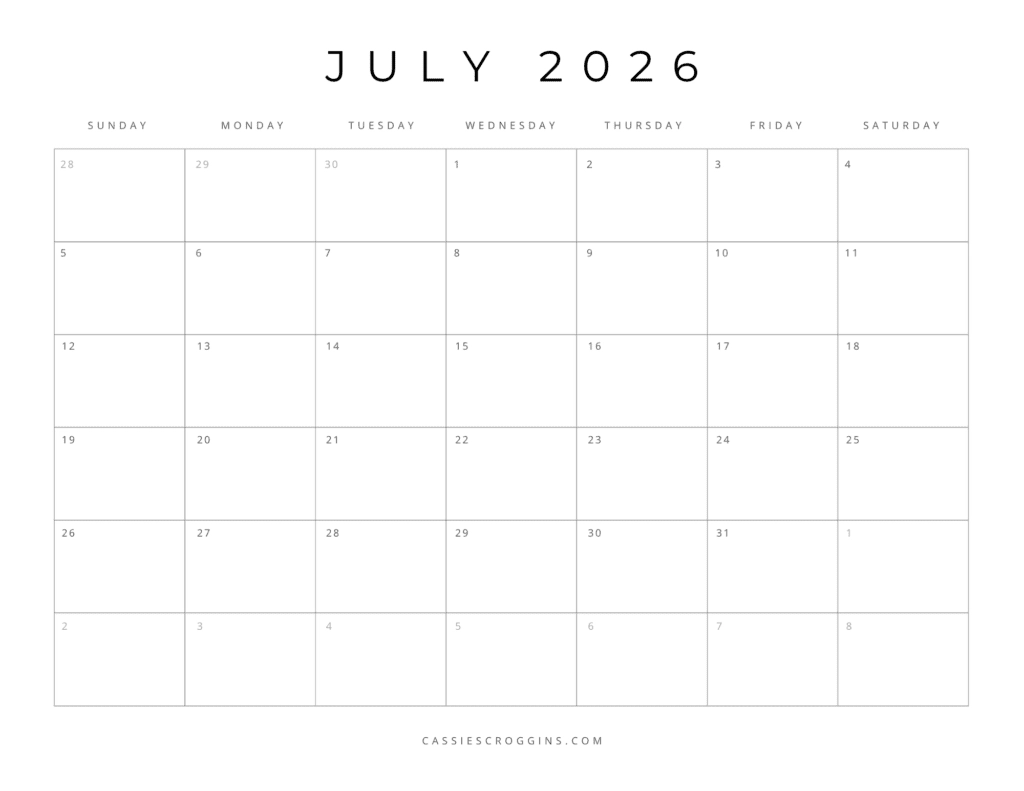 July 2026 Blank Calendar Free