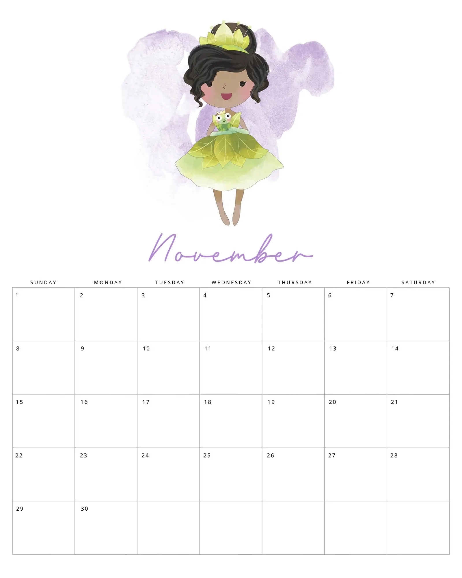 Free Printable 2026 Watercolor Princess Calendar The Cottage Market