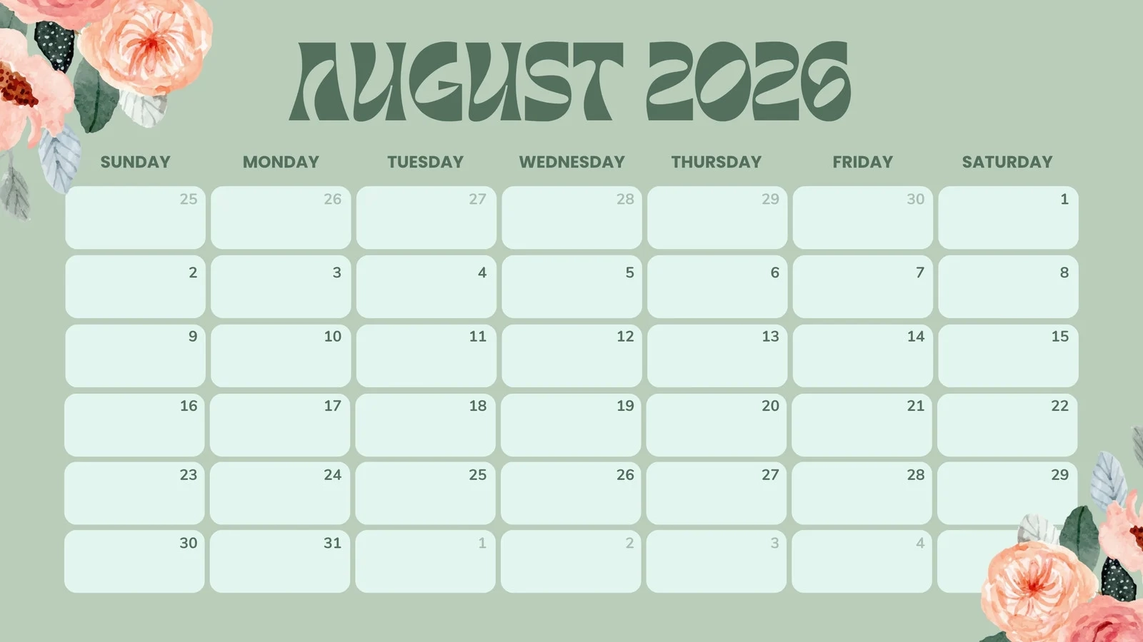August Printable Blank Calendar 2026
