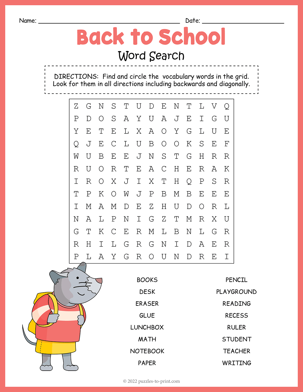 Free Printable Back To School Word Search