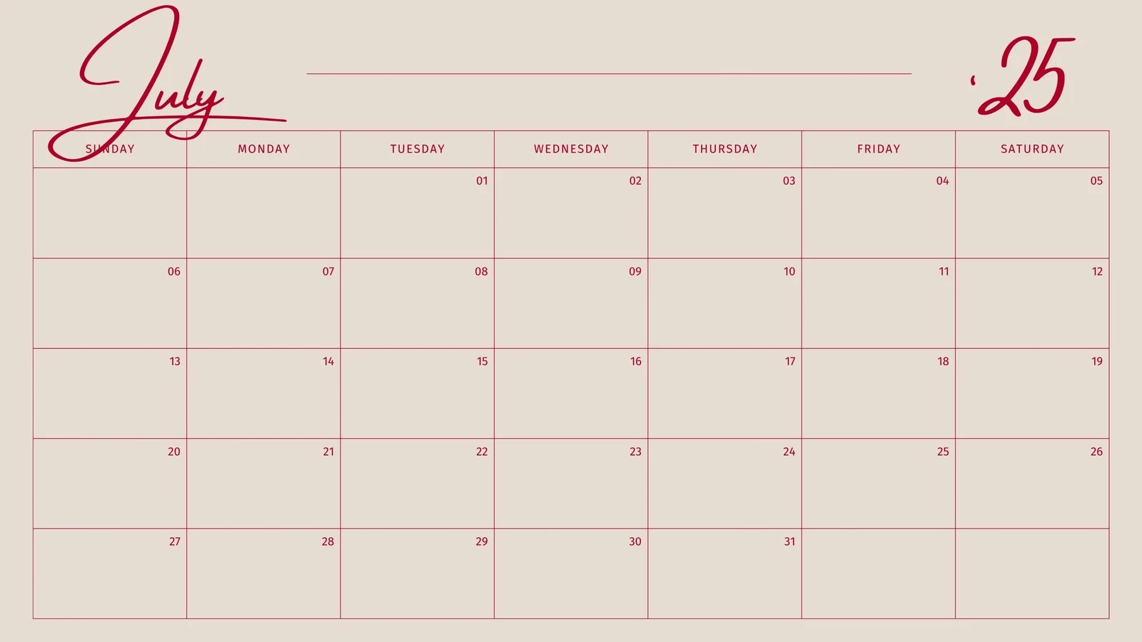 Printable Blank Calendar July