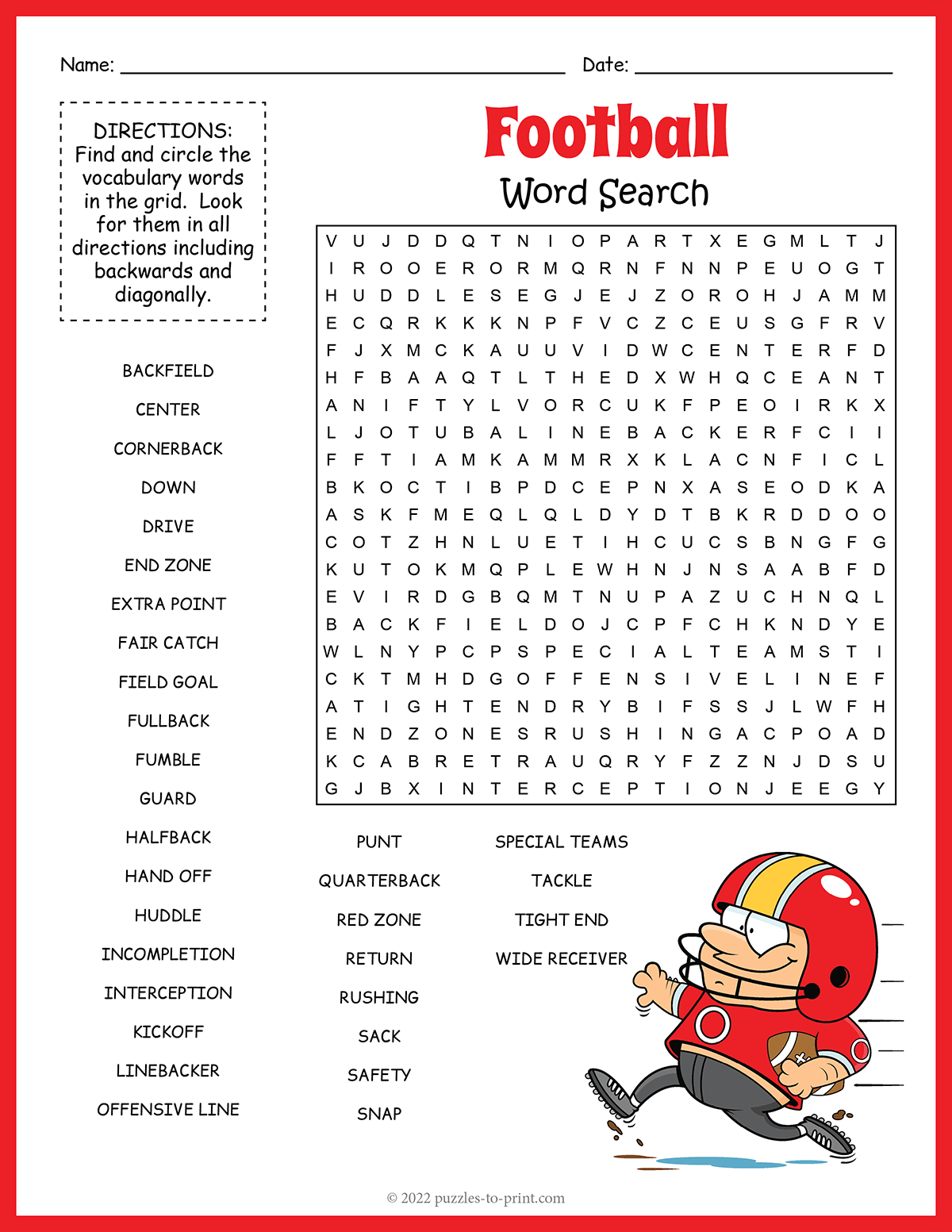 Free Printable Football Word Search Puzzles