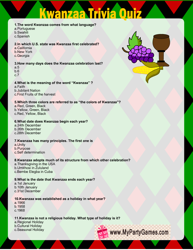 Free Printable Kwanzaa Trivia Quiz With Answer Key