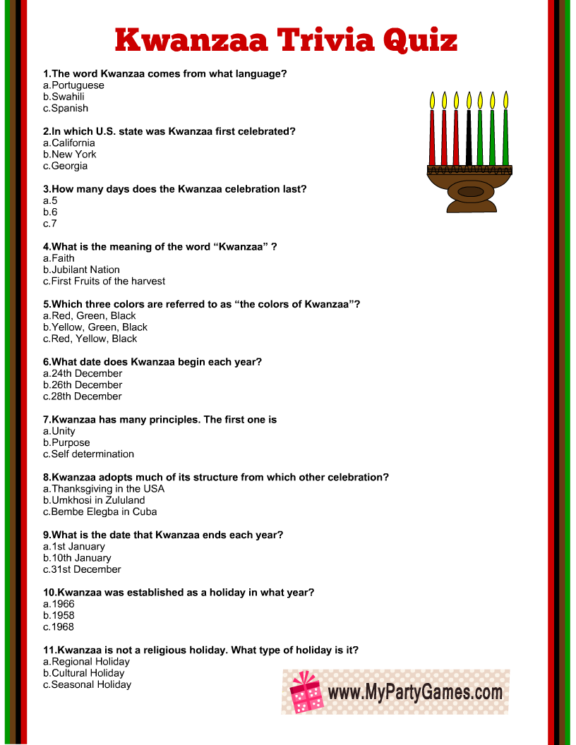 Free Printable Kwanzaa Trivia Quiz With Answer Key