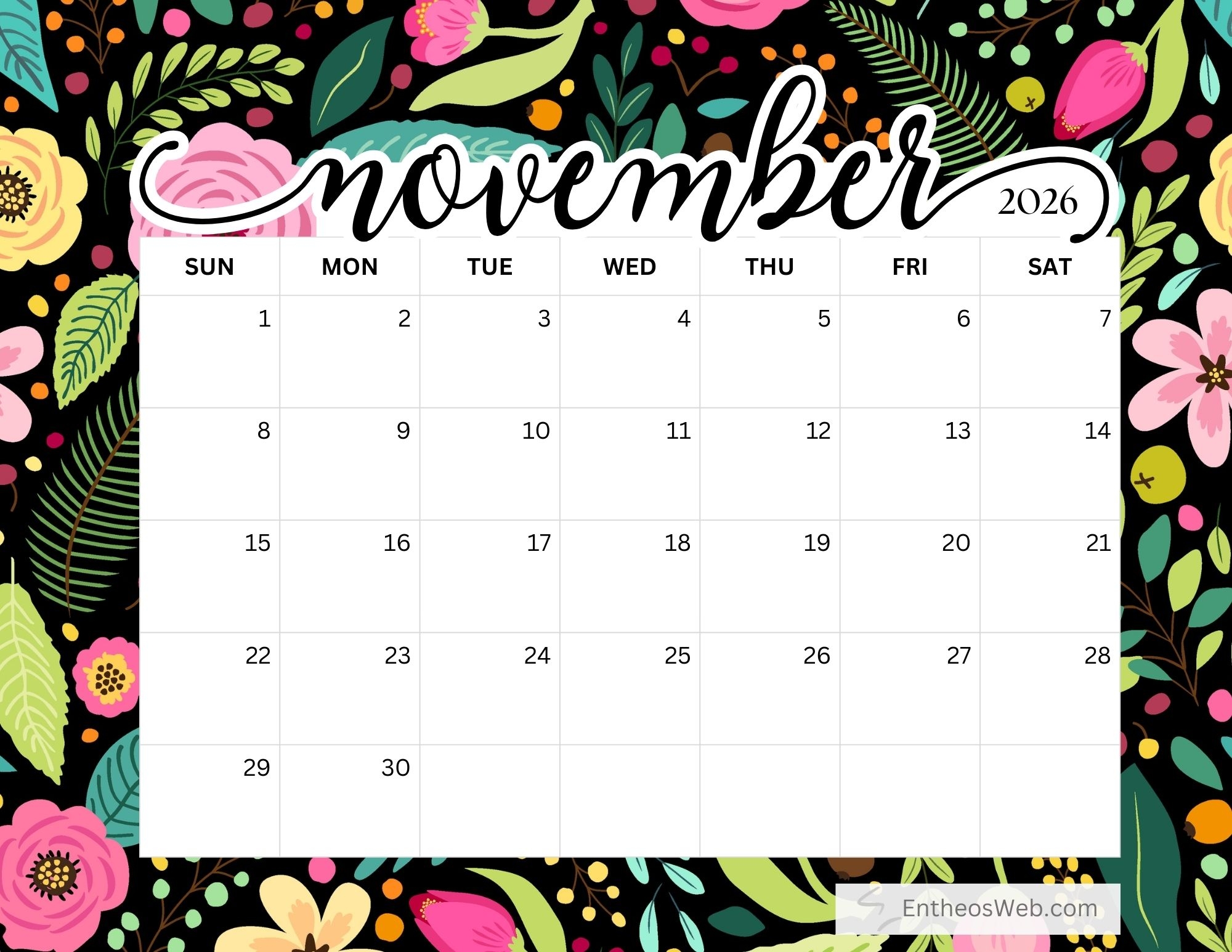 Free Printable 2026 November Calendar