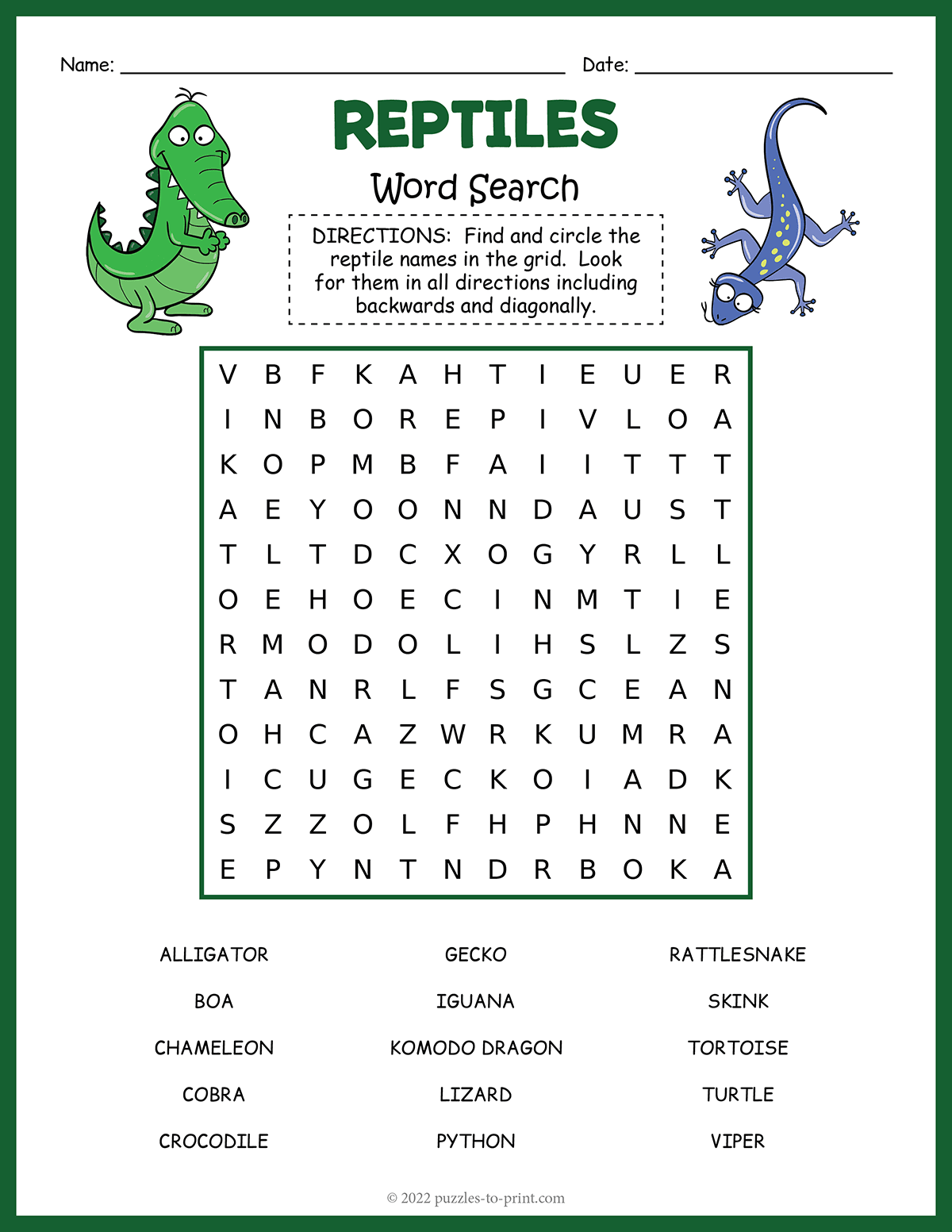 Free Printable Reptile Word Search