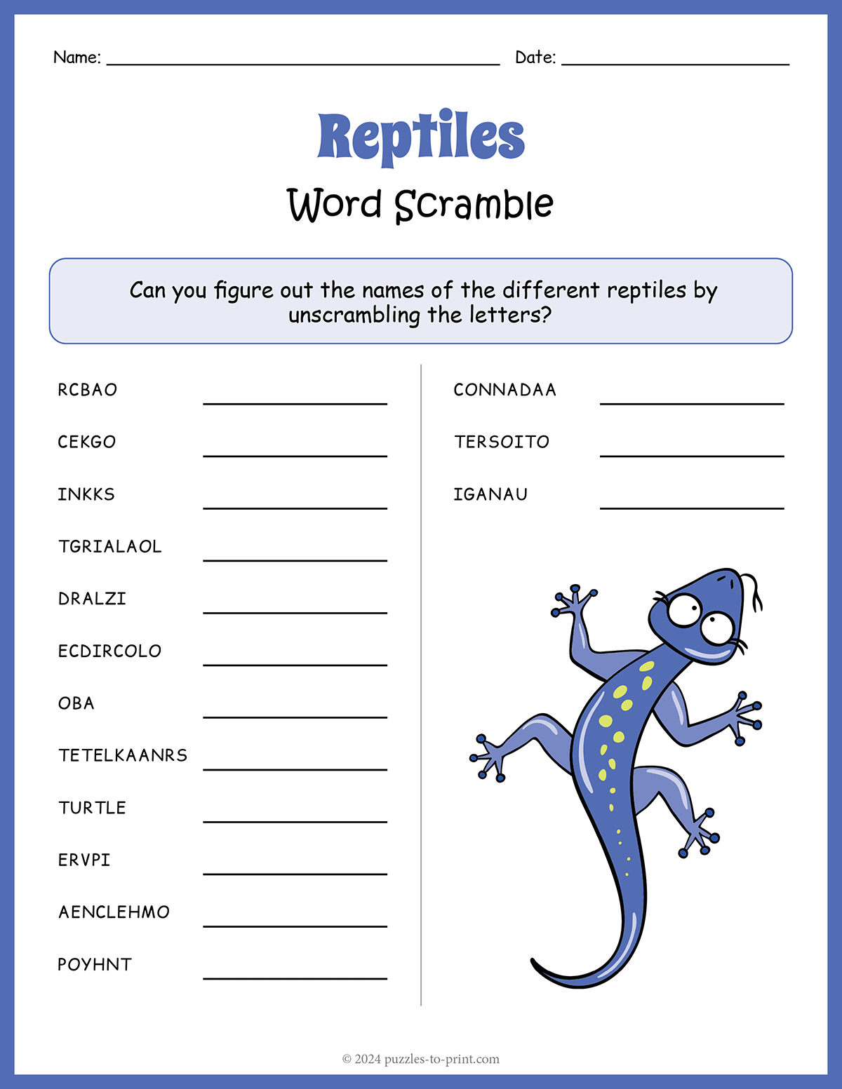Free Printable Crossword Puzzles Reptiles