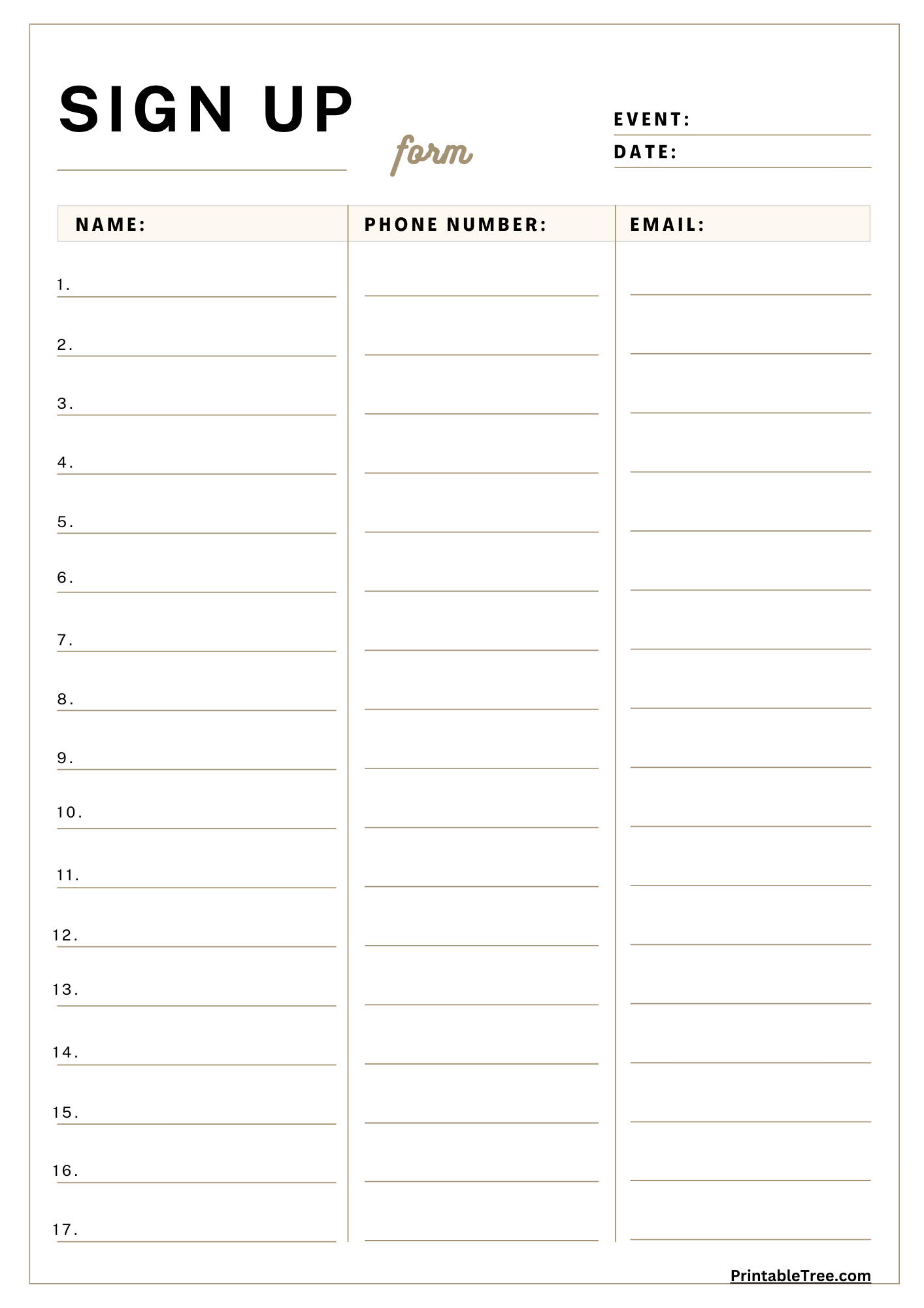 Sign Up Sheet Printable Template