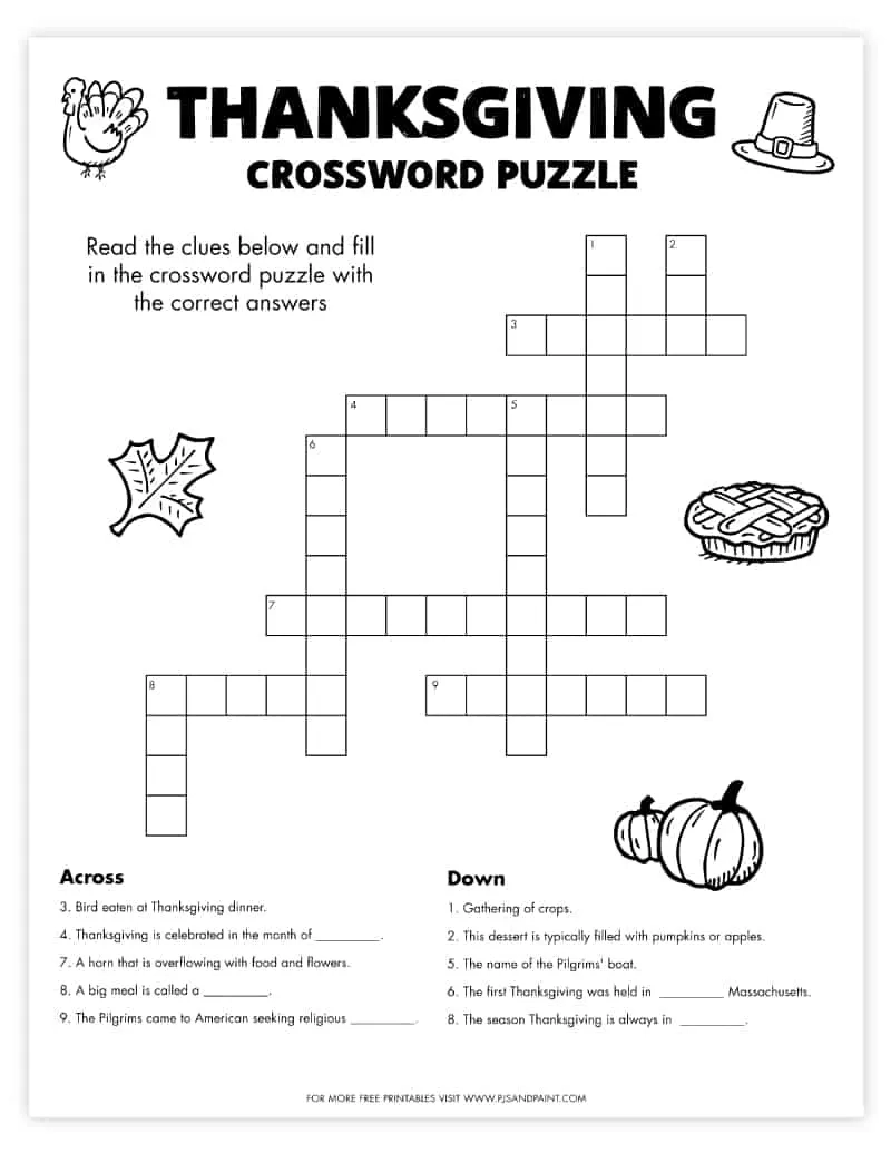 Free Printable Crossword Puzzles Thanksgiving