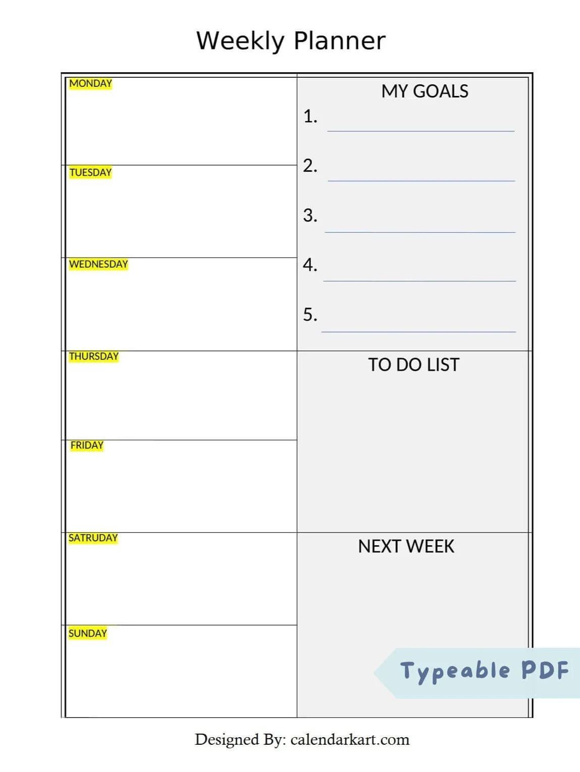 Fill In Blank 7 Day Printable Weekly Schedule Template