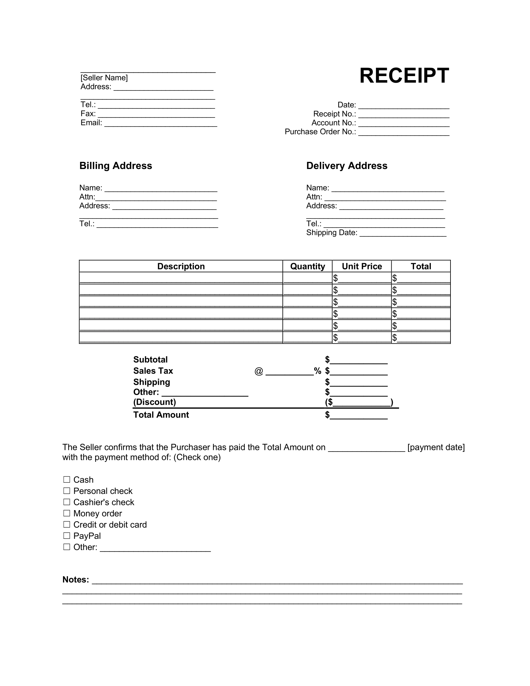 Printable Payment Receipt Template