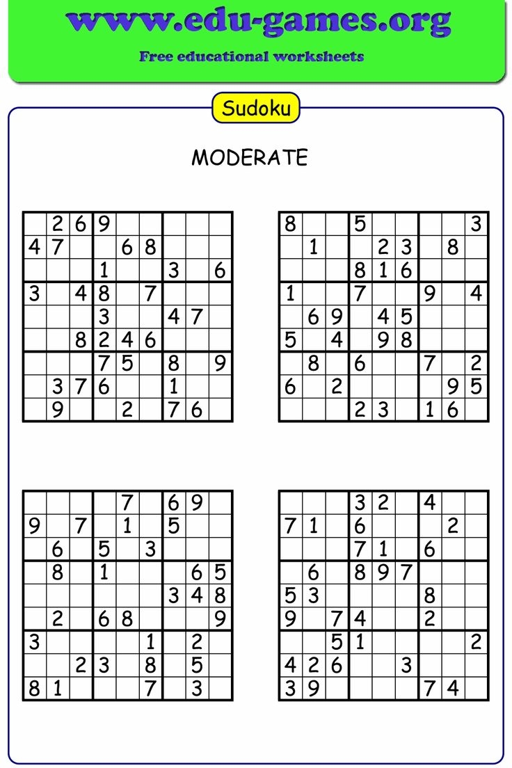 Medium Sudoku Printable Puzzles 4 Per Page