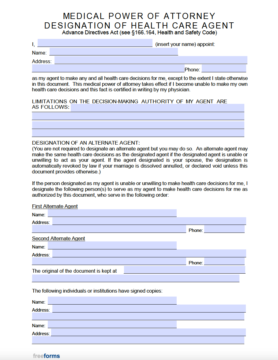 Medical Power Of Attorney Form Free Print Out
