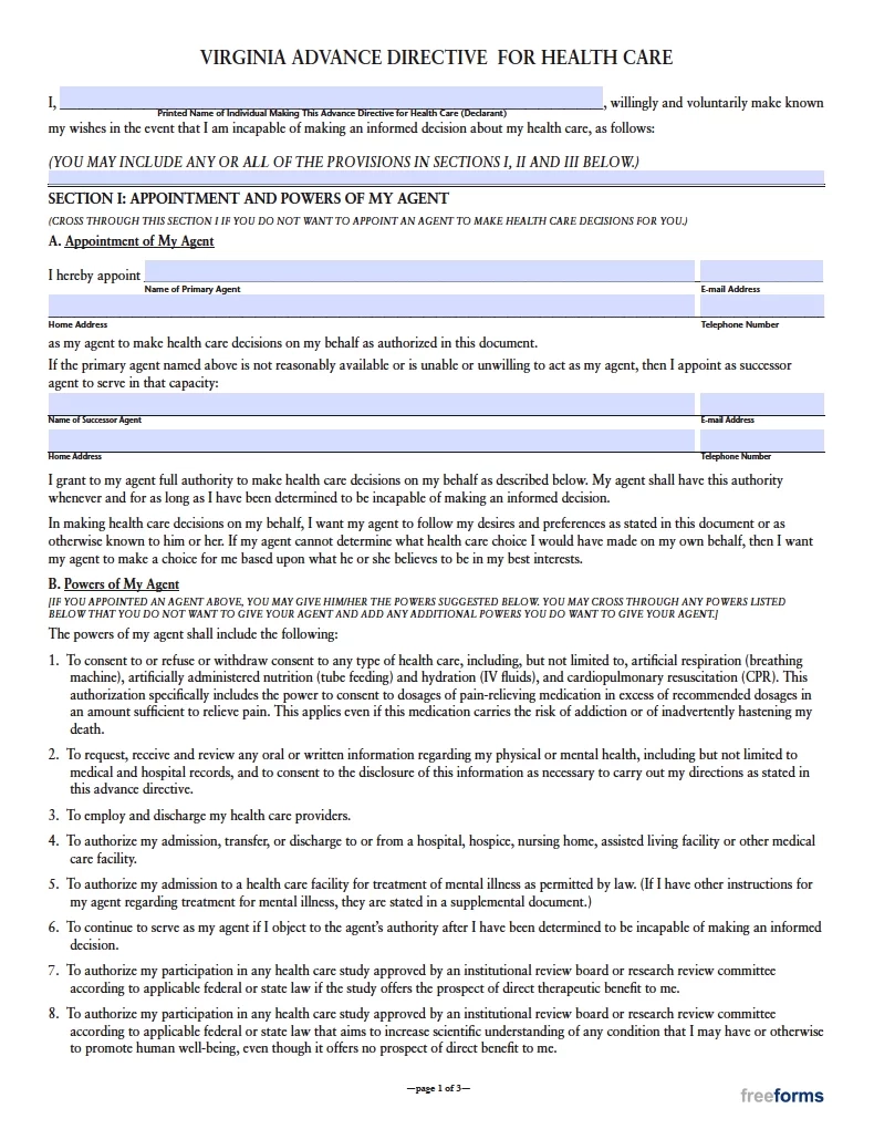 Free Virginia Advance Directive Form Medical POA amp Living Will PDF
