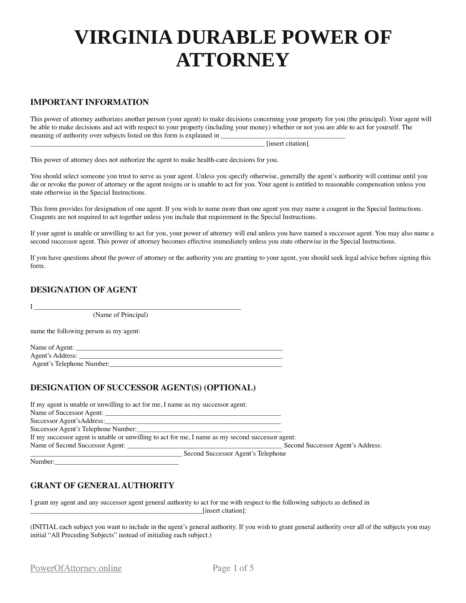 Free Virginia VA Power Of Attorney Forms amp Templates PDF