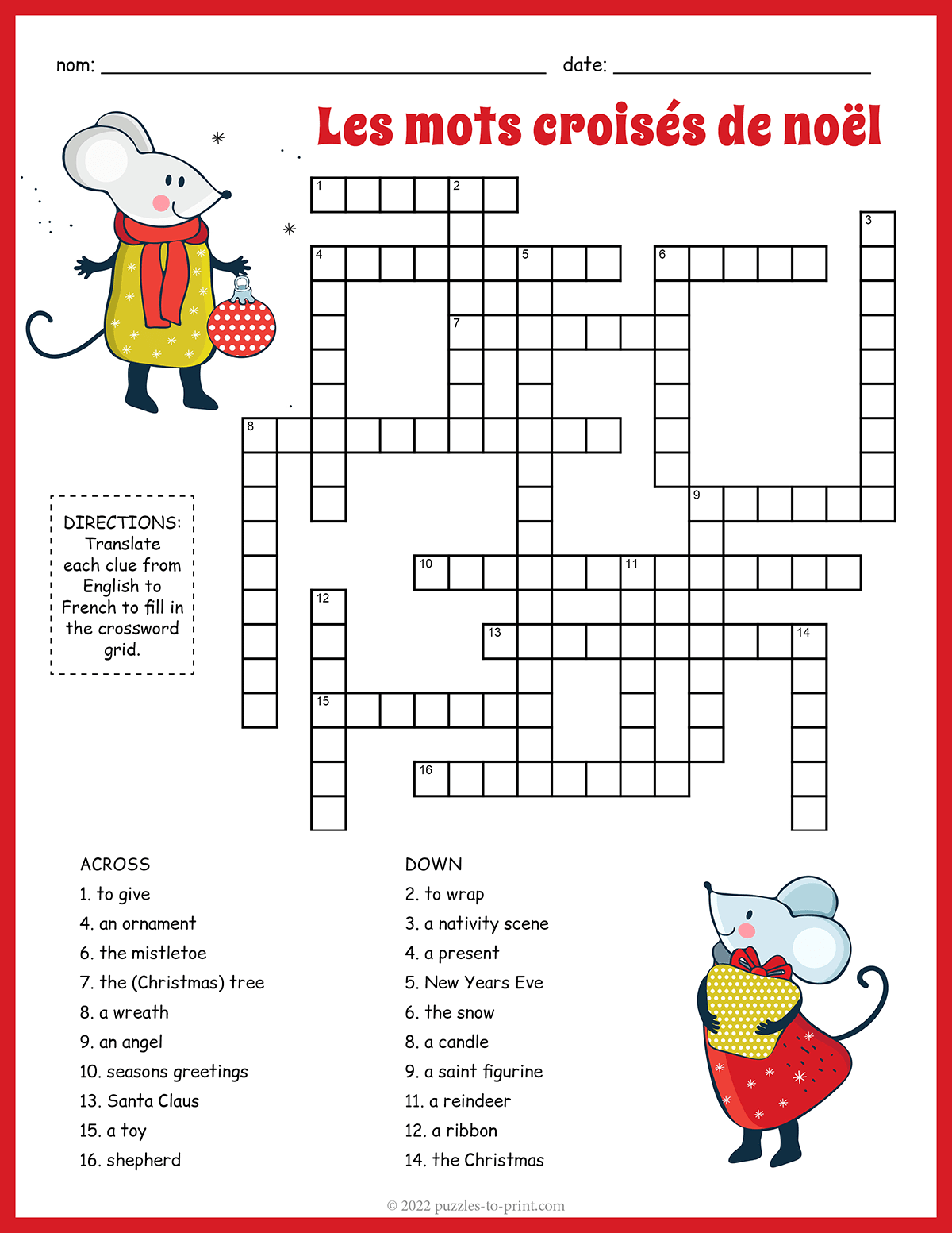 French Christmas Vocabulary Crossword