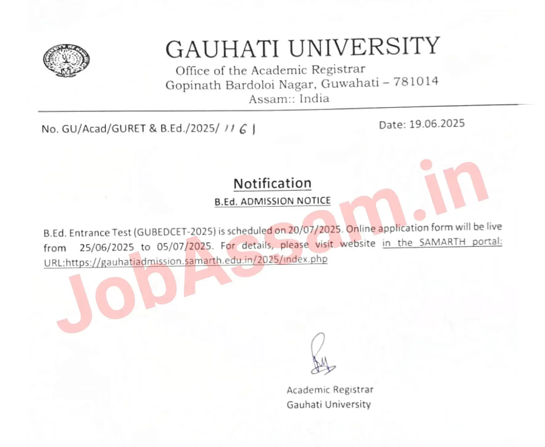 Gauhati University B Ed Admission Check Entrance Exam Results