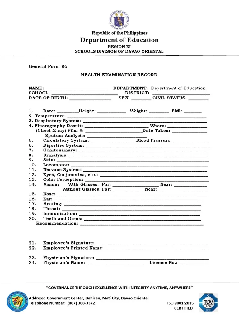 General Form 86 HEALTH EXAMINATION RECORD PDF Medical 