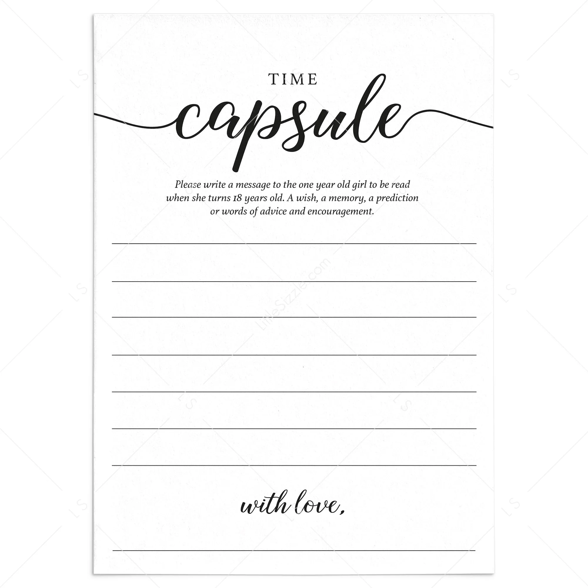 Girl First Birthday Time Capsule Cards Printable Instant 