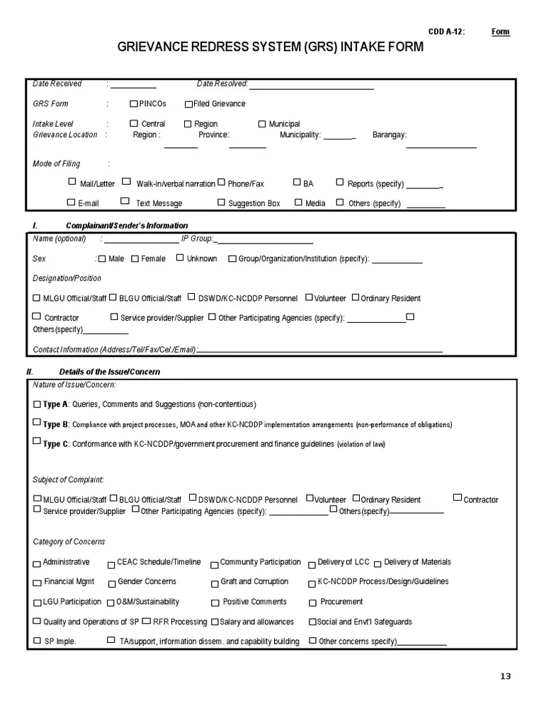 Grievance Redress System GRS Intake Form PDF