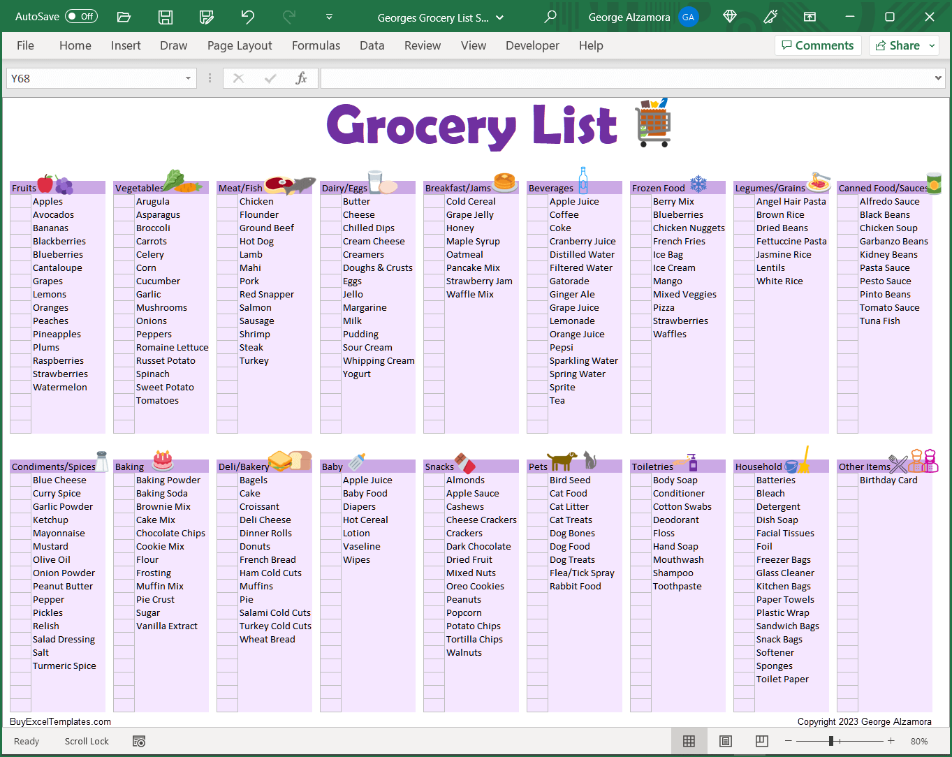 Grocery List Spreadsheet Printable Food Shopping Planner