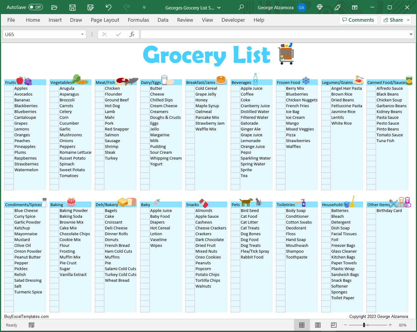 Grocery List Spreadsheet Printable Food Shopping Planner