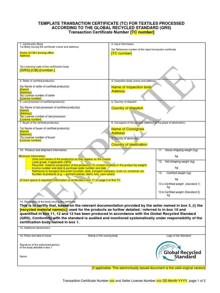 GRS 205 V2 1 Template For Transaction Certificate GRS PDF 