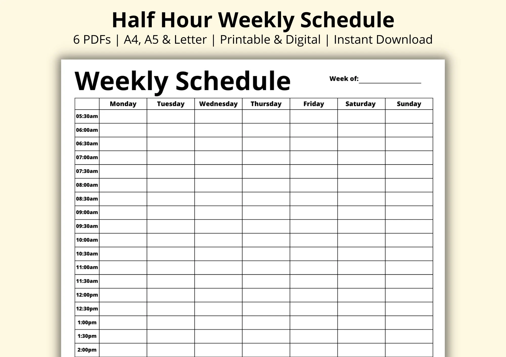 Half Hour Weekly Schedule 7 Day Planner Weekly Planner PDF Week 