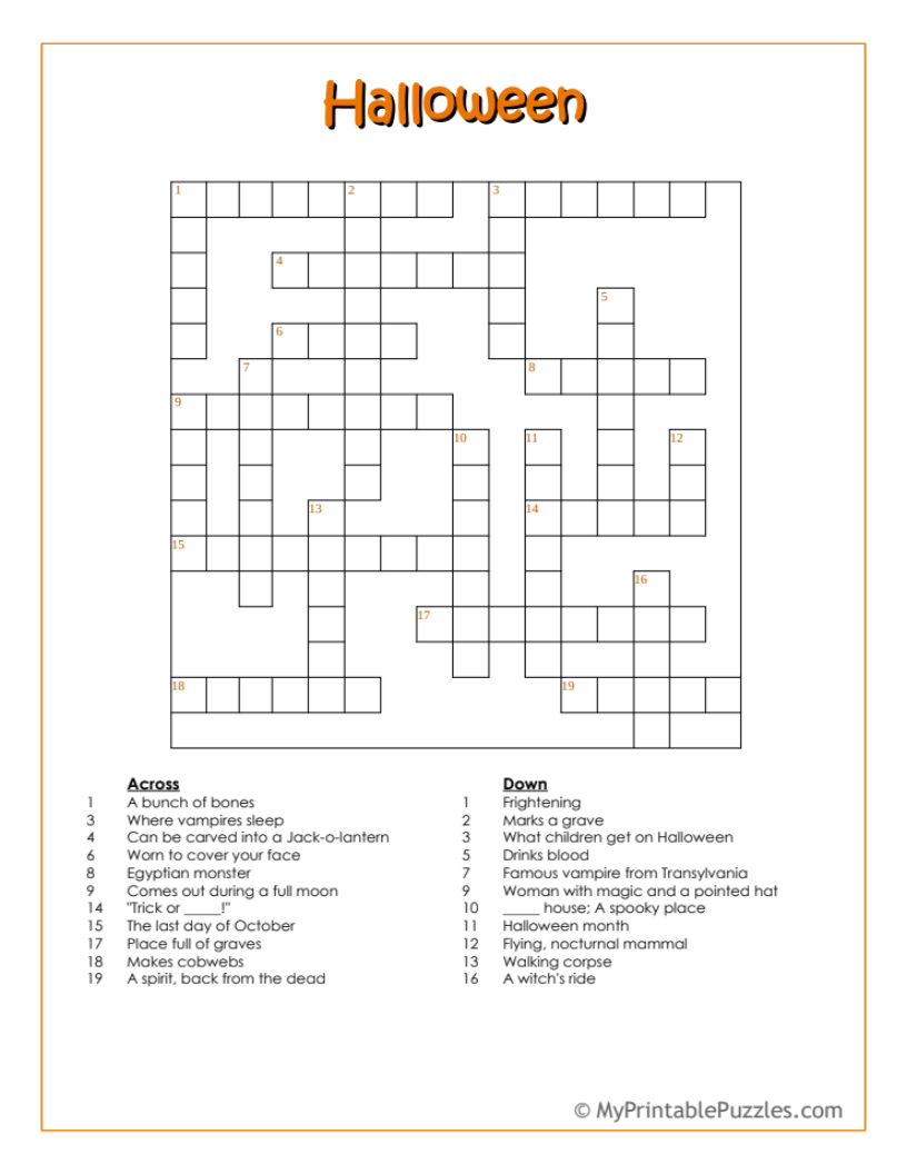 Halloween Crossword Puzzles Free Printable
