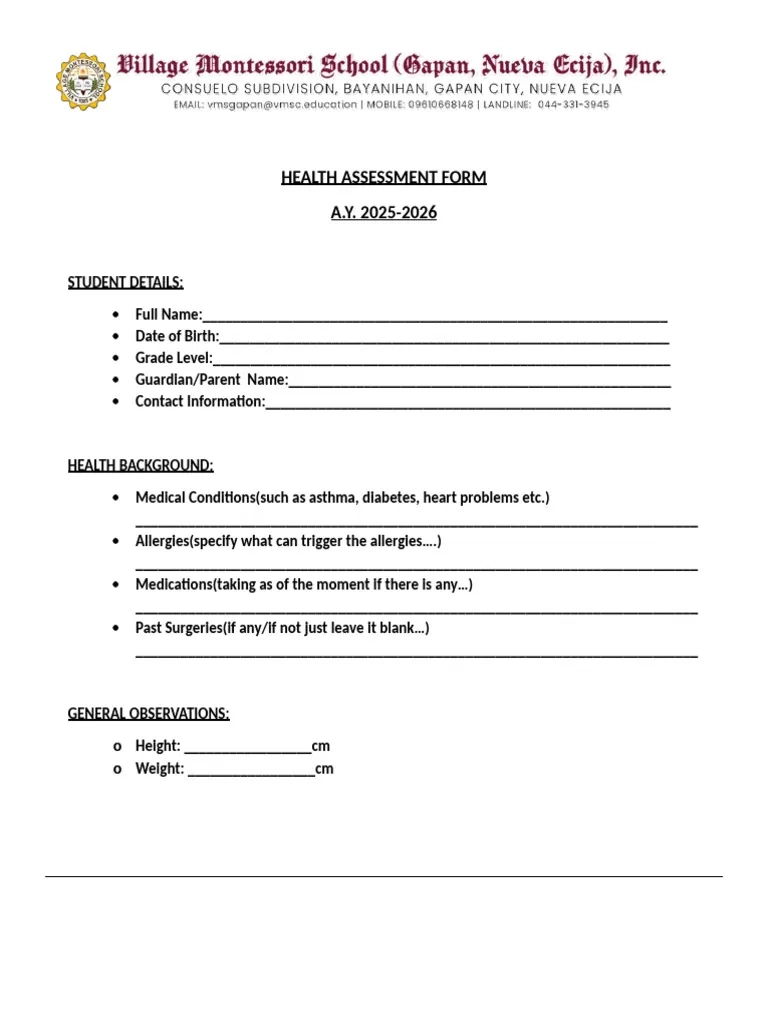 Health Assessment Form 2025 2026 PDF