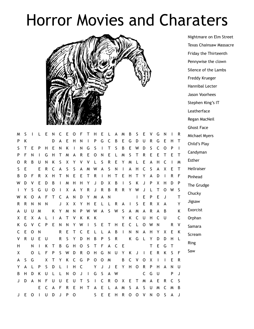 HORROR CHARACTERS Crossword WordMint