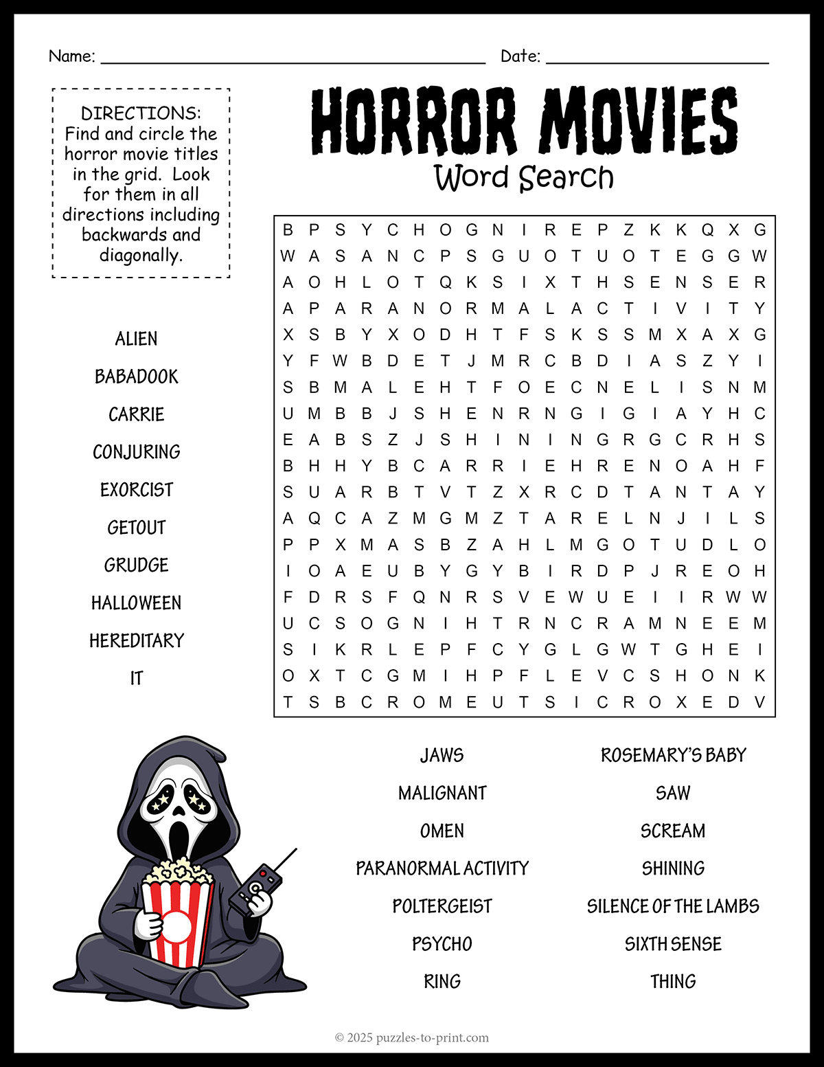 Horror Crossword Puzzle Printable